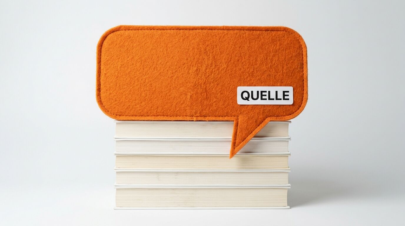 Oranges Filz-Sprachblasen-Schild mit Aufschrift „QUELLE“ auf einem Buchstapel vor weißem Hintergrund