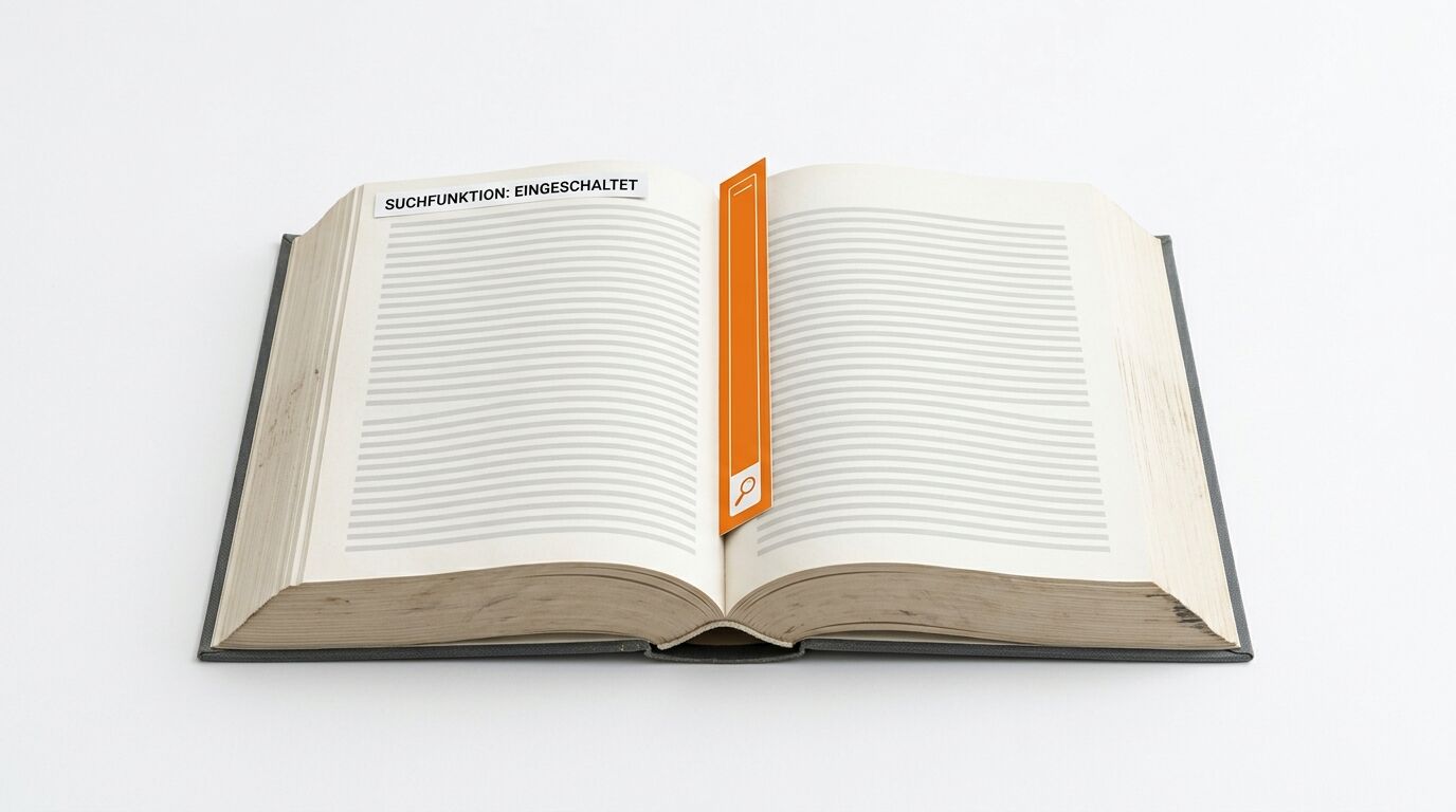 Aufgeschlagenes Buch mit Suchleiste-Lesezeichen und Text-Label
