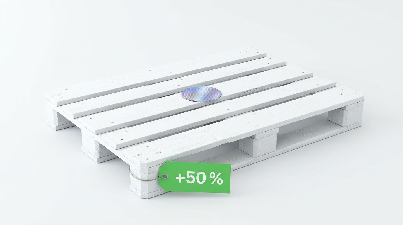 Weiße Palette mit einer runden Metallplatte und einem grünen Anhänger mit der Aufschrift „+50%“