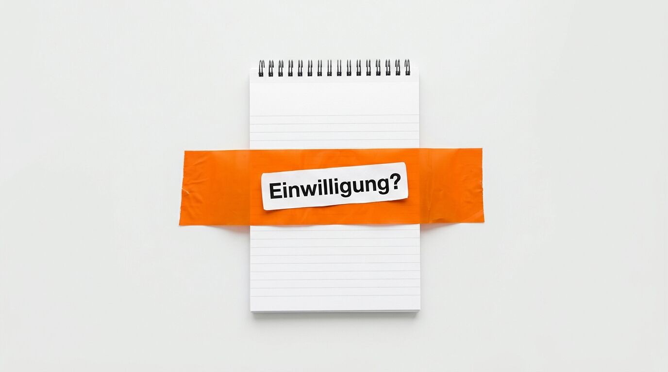 Ein Ringbuch mit oranger Klebestreifenbeschriftung: „Einwilligung?“
