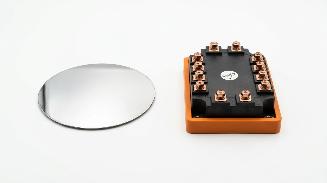 Ein runder, spiegelnder Gegenstand und ein elektronisches Modul mit Schraubanschlüssen auf weißem Grund