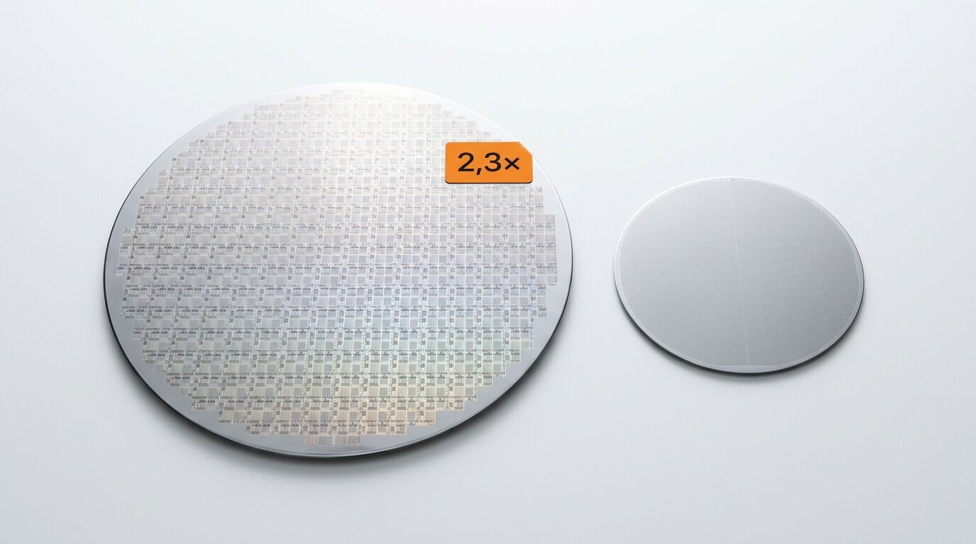 Zwei Silizium-Wafer unterschiedlicher Größe auf weißem Hintergrund mit „2,3x“ Etikett