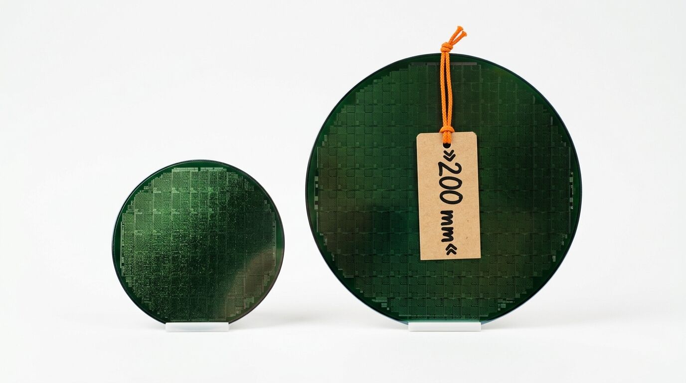 Zwei grüne Halbleiter-Wafer auf weißem Grund, der rechte mit einem „ srcset=