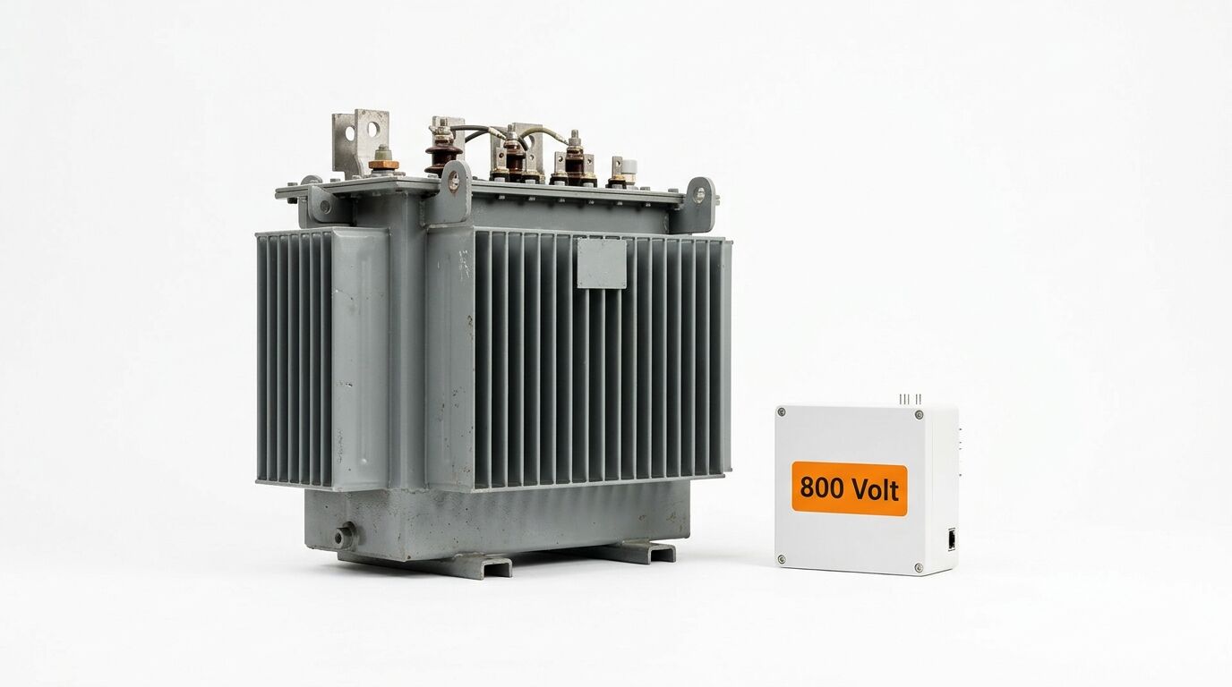 Grauer Transformator links, weiße Box mit „800 Volt“-Aufkleber rechts auf weißem Grund