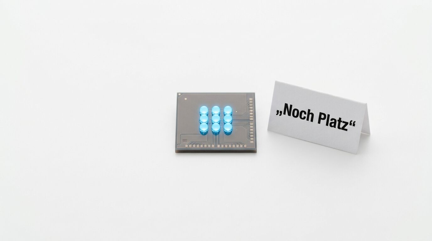 Ein quadratischer Chip mit leuchtenden Lämpchen neben einem Aufsteller mit der Aufschrift „„Noch Platz““