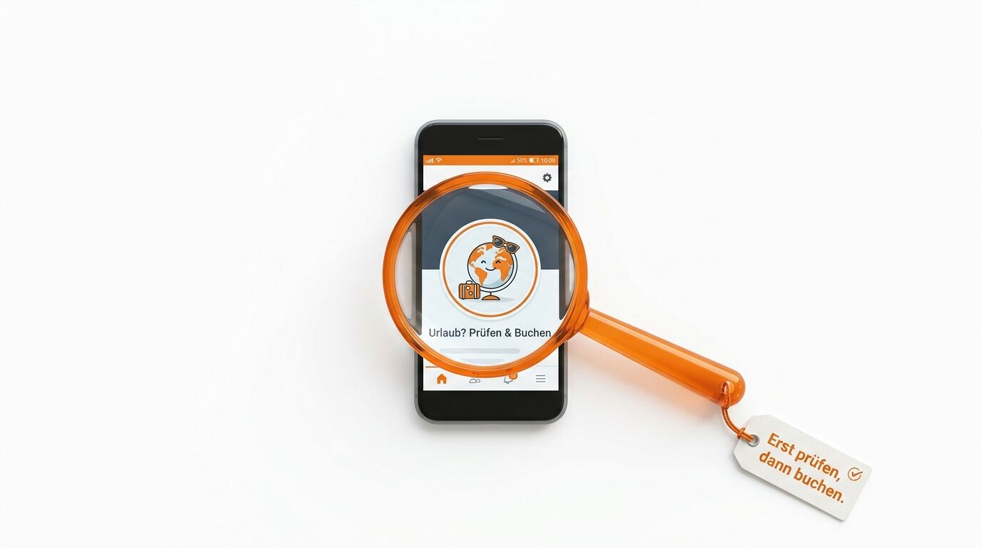 Smartphone mit Lupe zeigt App "Urlaub? Prüfen & Buchen" mit orange-weißem Globus-Logo und Anhänger "Erst prüfen dann buchen"