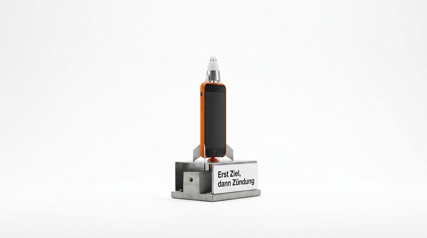 Raketen-förmiger Smartphone-Halter aus Metall mit orangem Telefon, Schild mit Text "Erst Ziel, dann Zündung"