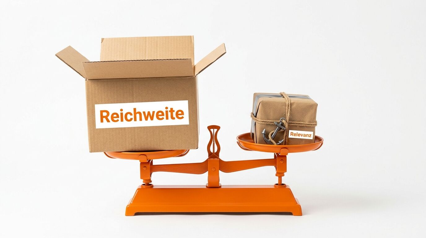 Eine orangefarbene Waage mit einem großen Karton beschriftet "Reichweite" auf der linken Seite und einem kleineren Paket beschriftet "Relevanz" auf der rechten Seite