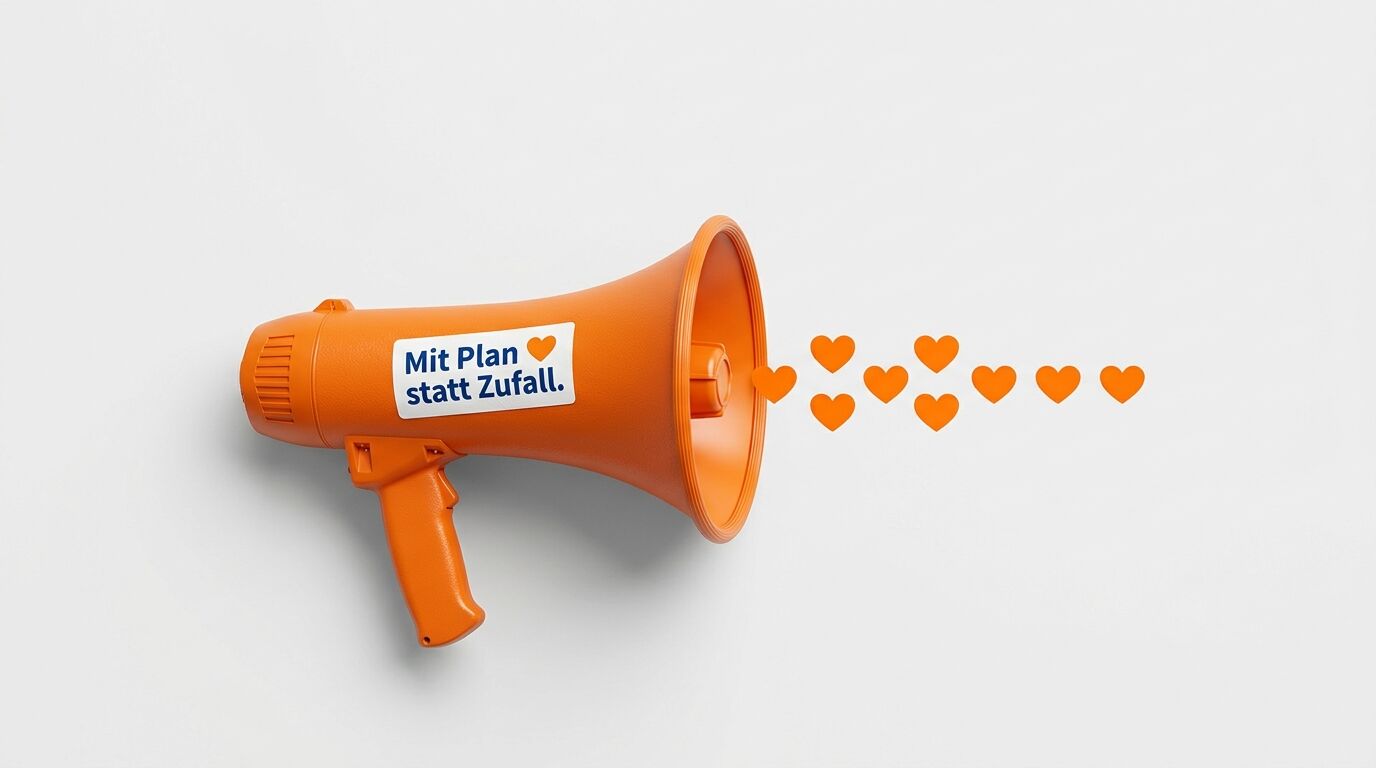 Orange Megafon mit Aufkleber "Mit Plan statt Zufall" und orange Herzen, die aus dem Lautsprecher kommen