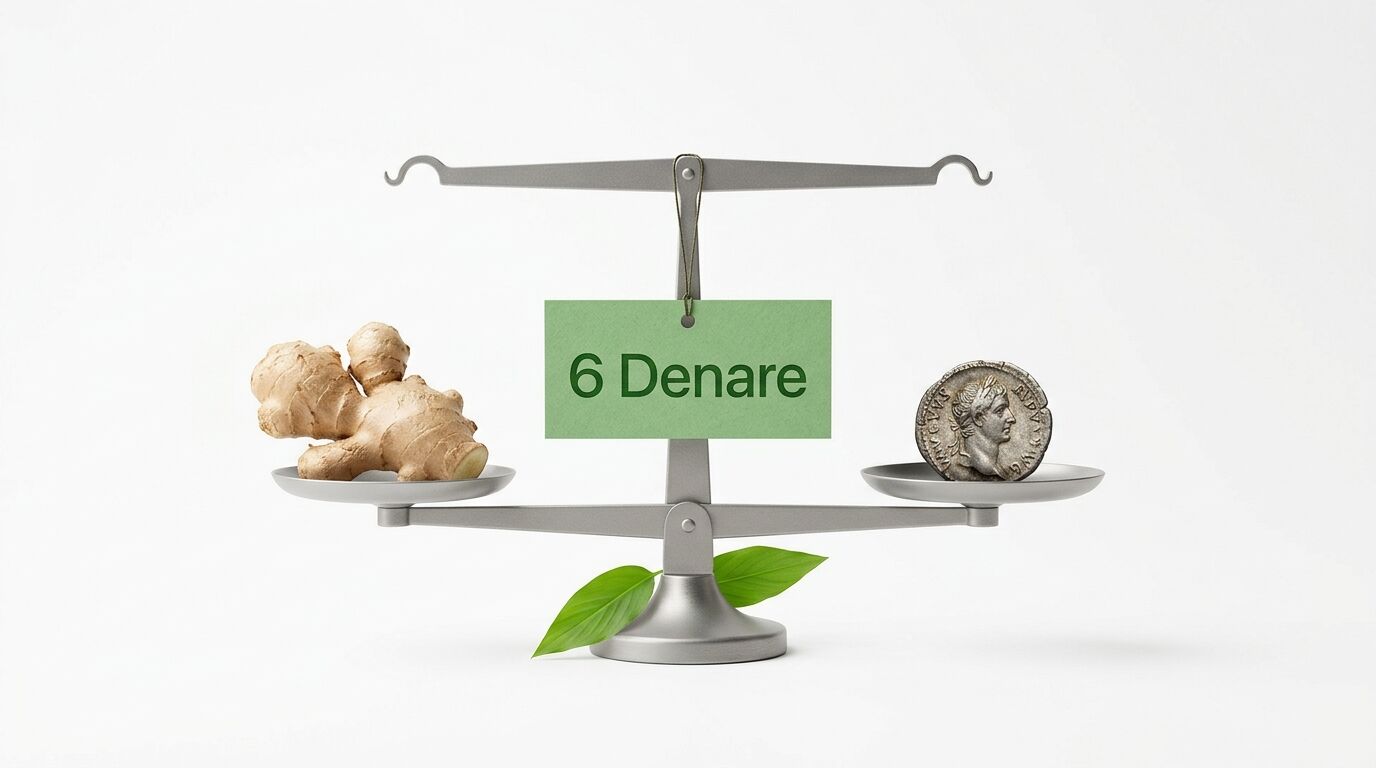 Waage mit Ingwer und Münze; Schild „6 Denare“