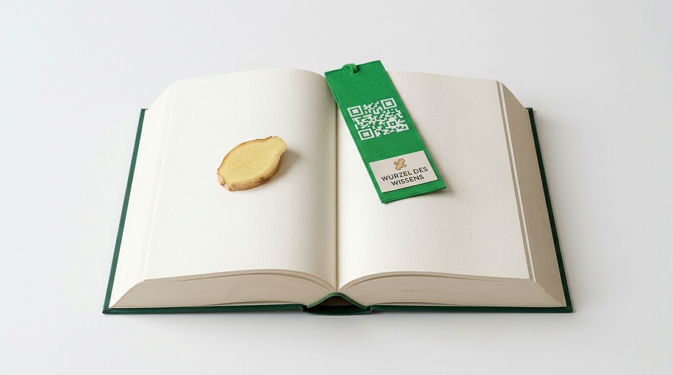 Aufgeschlagenes Buch mit Ingwerscheibe und Lesezeichen mit QR-Code und Text