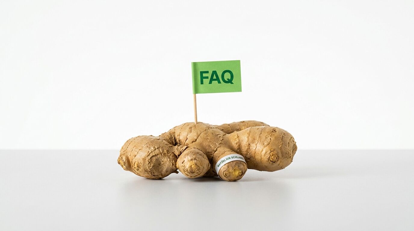 Ingwerwurzel mit kleiner grüner Fahne, darauf die Aufschrift „FAQ“ in Großbuchstaben