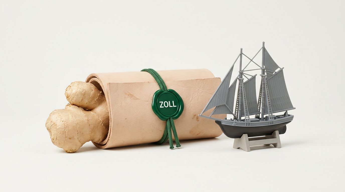 Ingwer in Lederrolle mit 'Zoll'-Siegel und ein Modellschiff