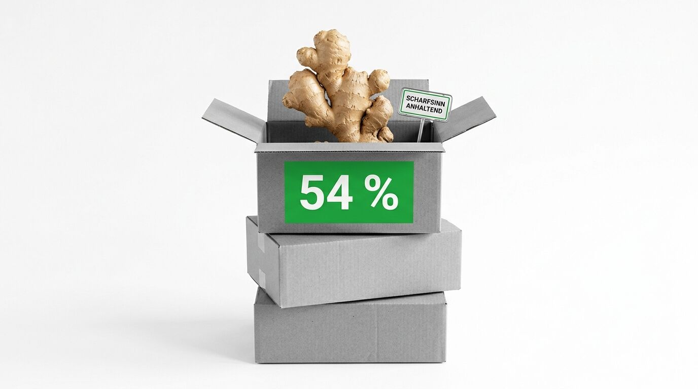 Drei graue Kartons, oberster offen mit Ingwer, grünem Schild (SCHARFSINN ANHALTEND) und 54 %-Sticker