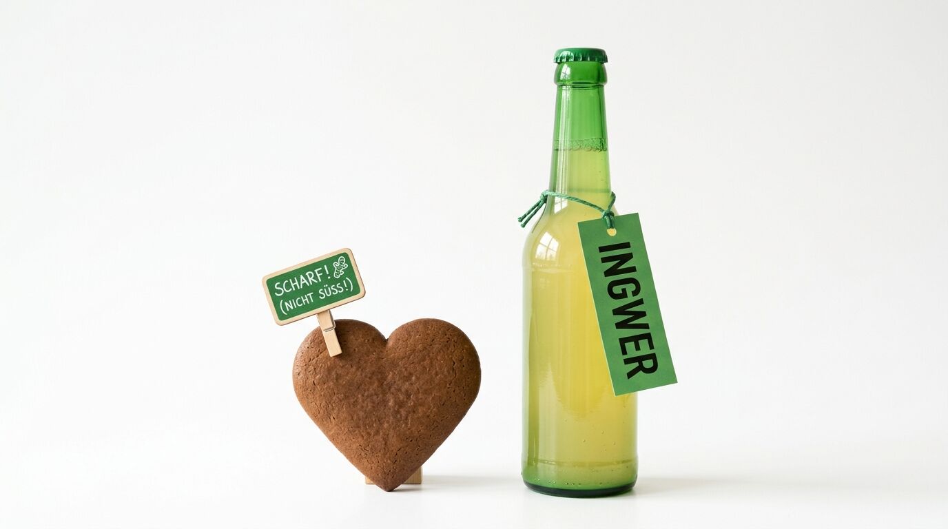 Grüne Flasche Ingwergetränk mit Herz-Lebkuchen und Beschilderung auf Weiß