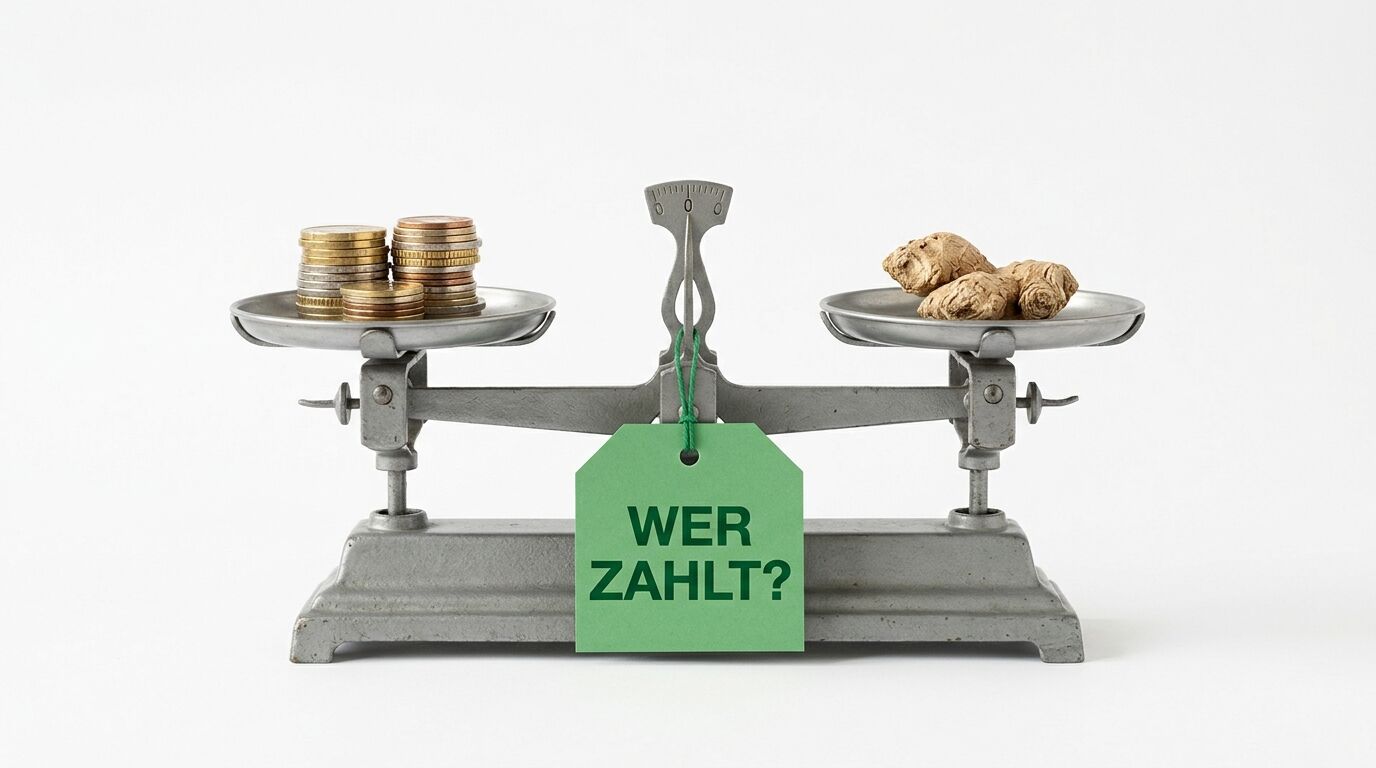 Waage mit Münzen, Ingwer und grünem Schild mit Aufschrift