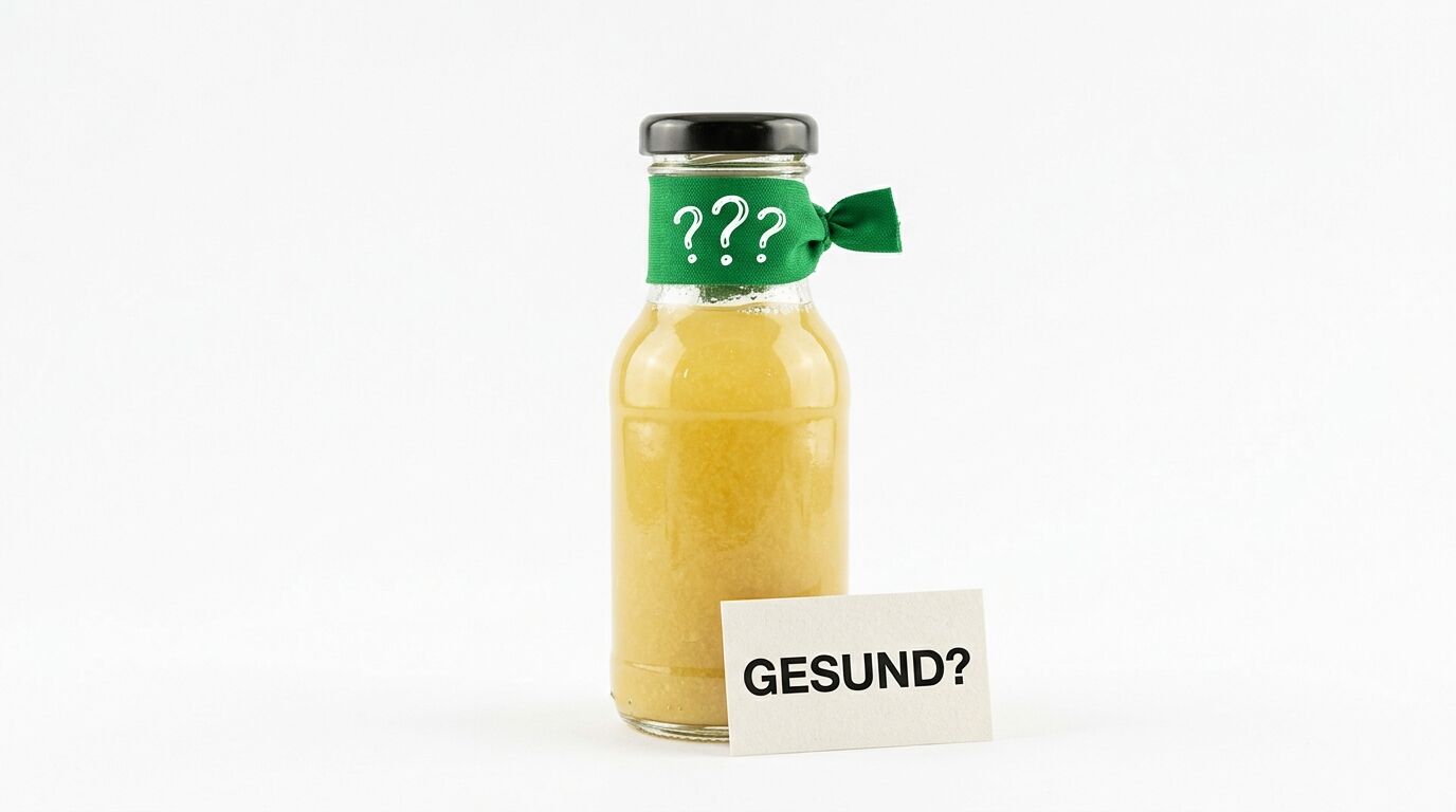 Saftflasche mit Fragezeichen-Band, davor Kärtchen „GESUND?“, weißer Hintergrund