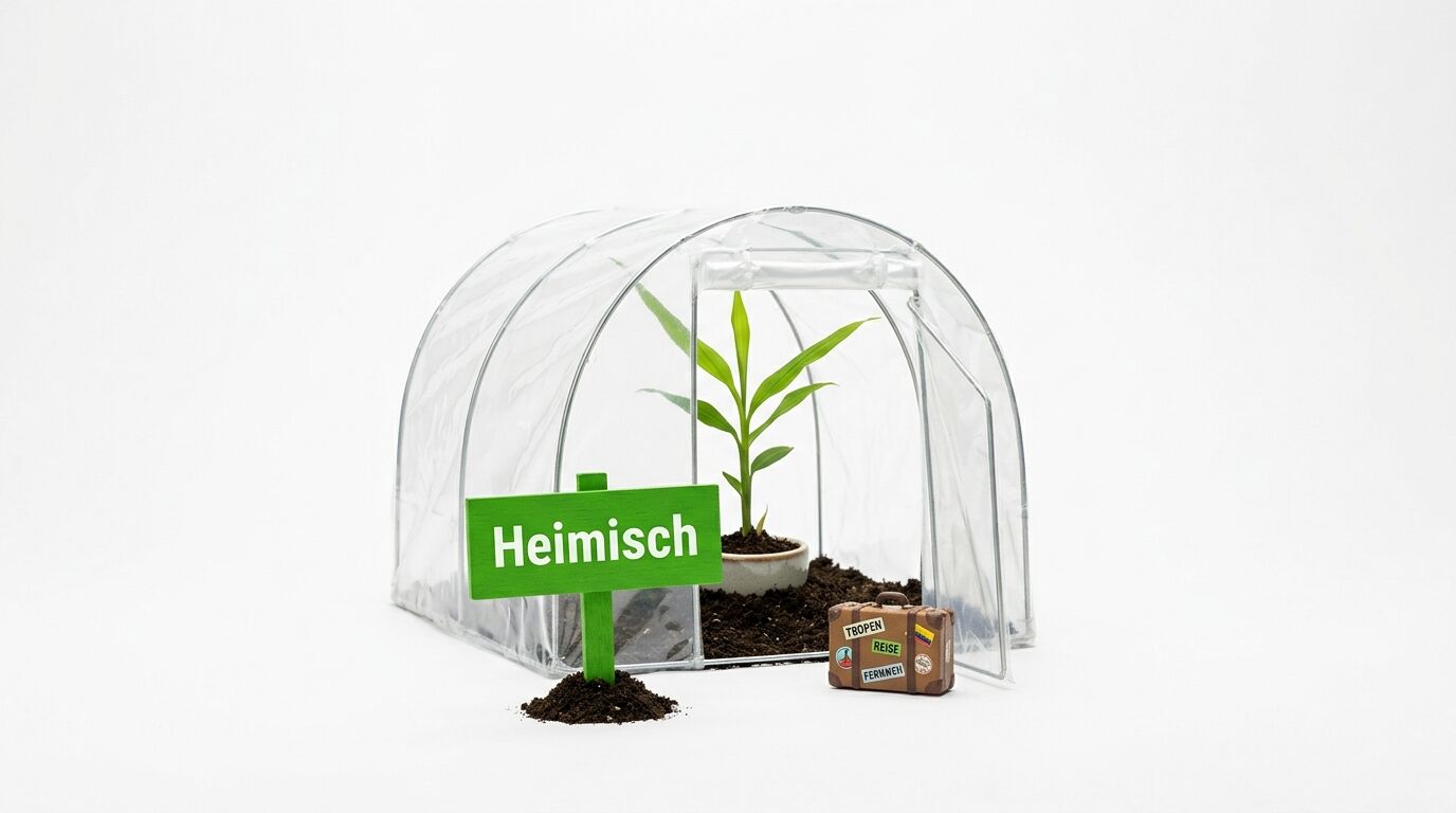 Mini-Gewächshaus, Bananenpflanze, „Heimisch“-Schild und Koffer