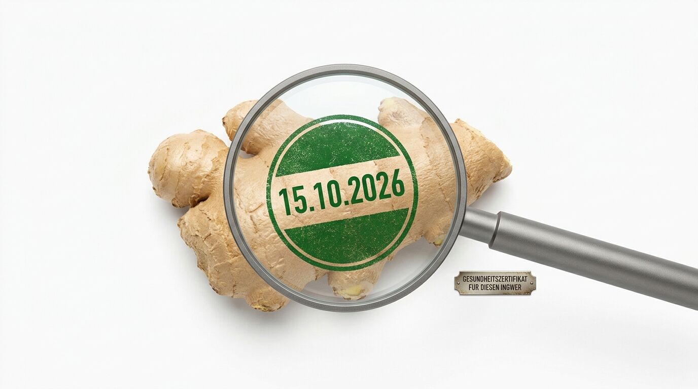Ingwerknolle, Lupe mit Datum 15.10.2026 und Metallplakette