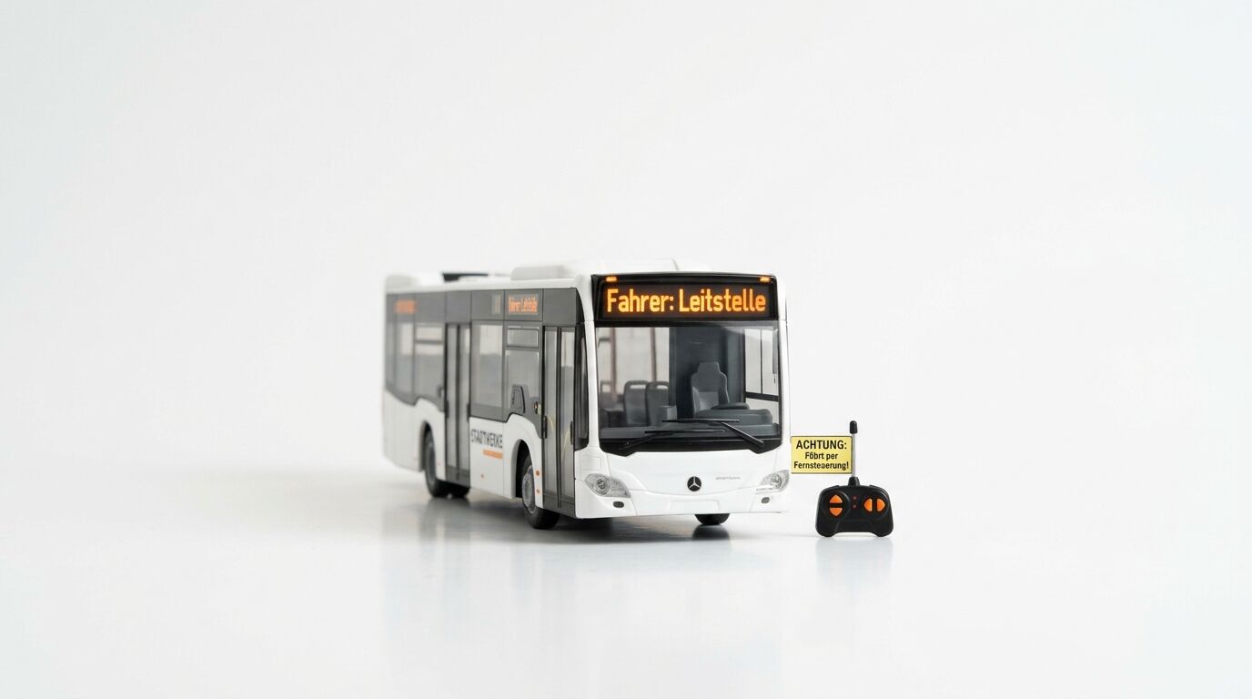 Ein Modellbus mit Fernsteuerung und Hinweisschild vor weißem Hintergrund
