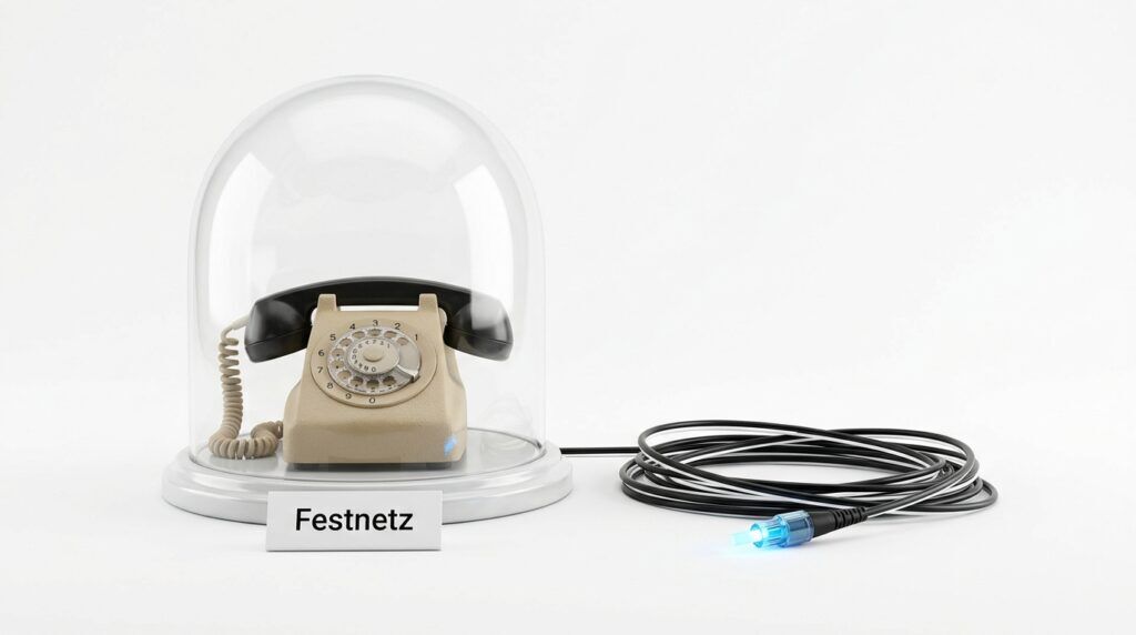 Internet ohne Festnetz im Homeoffice: Wählscheibentelefon unter einer Museumsglocke mit Schild „Festnetz“, daneben ein Glasfaserkabel mit hellblau leuchtendem Stecker