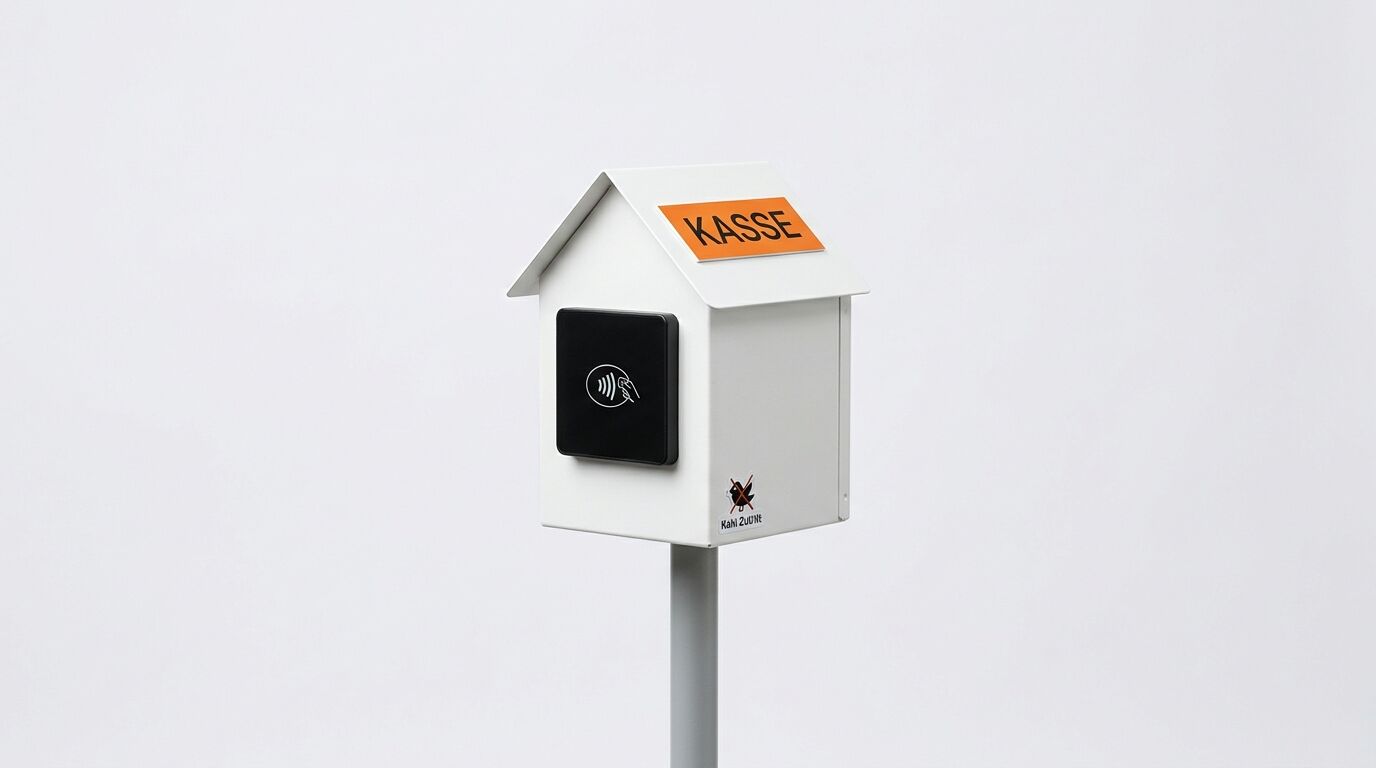 Weißer Kasten in Hausform mit kontaktlosem Bezahlterminal auf hellem Hintergrund
