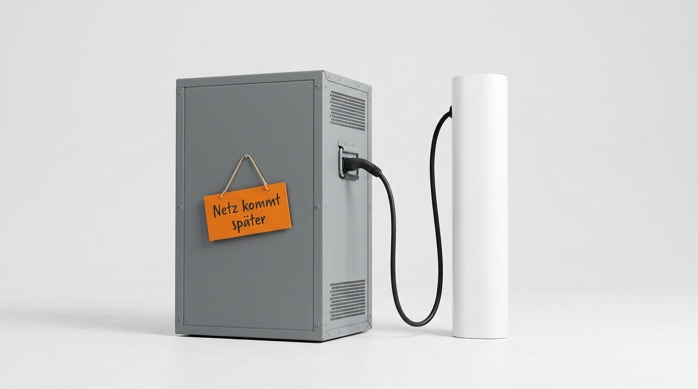 Grauer Schrank mit Orangen-Schild und schwarzem Kabel zur weißen Säule vor hellem Hintergrund