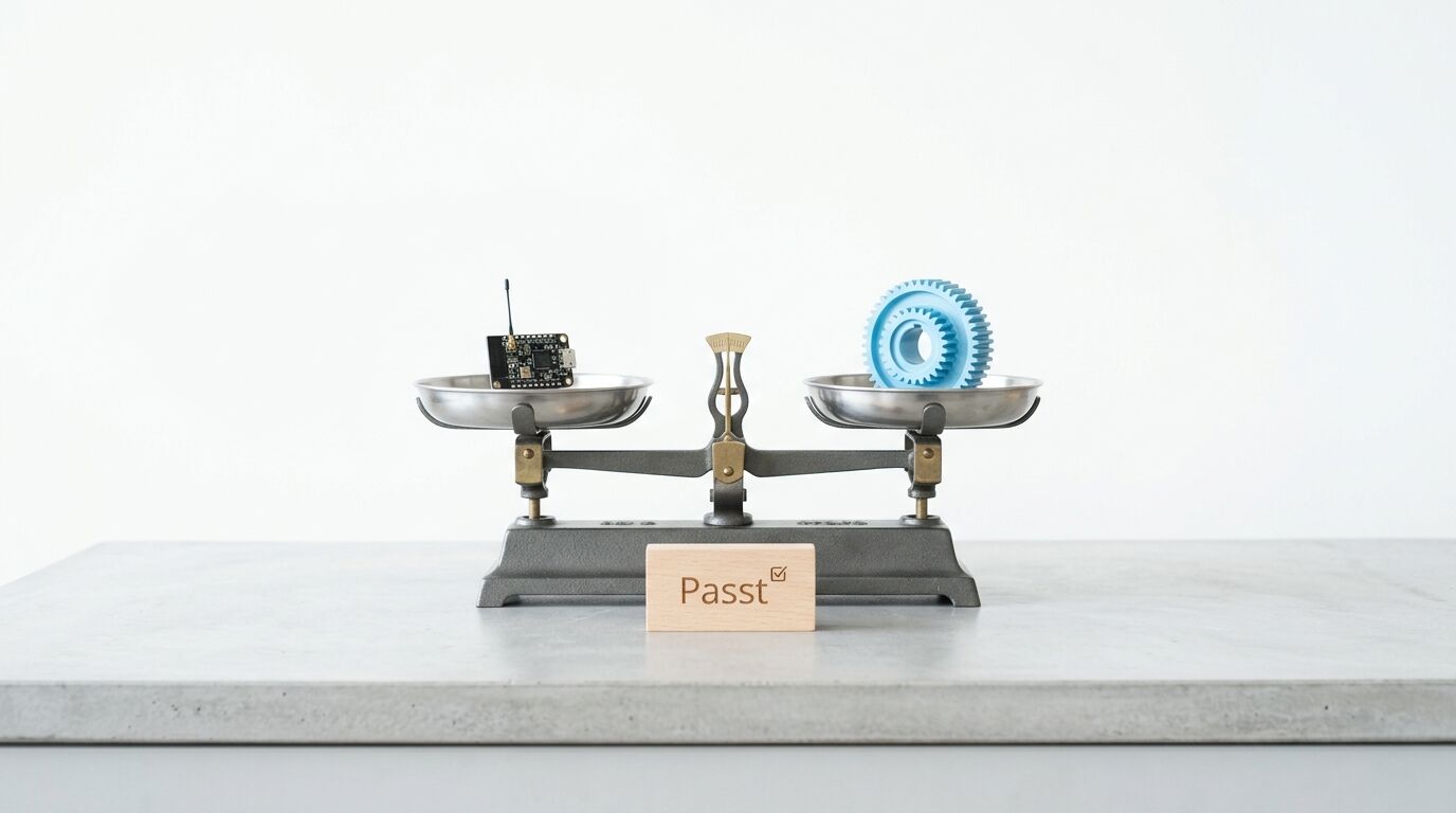 Waage mit Leiterplatte links und blauem Zahnrad rechts. Schild mit "Passt" darunter. Symbolisiert Ausgleich und Qualitätskontrolle