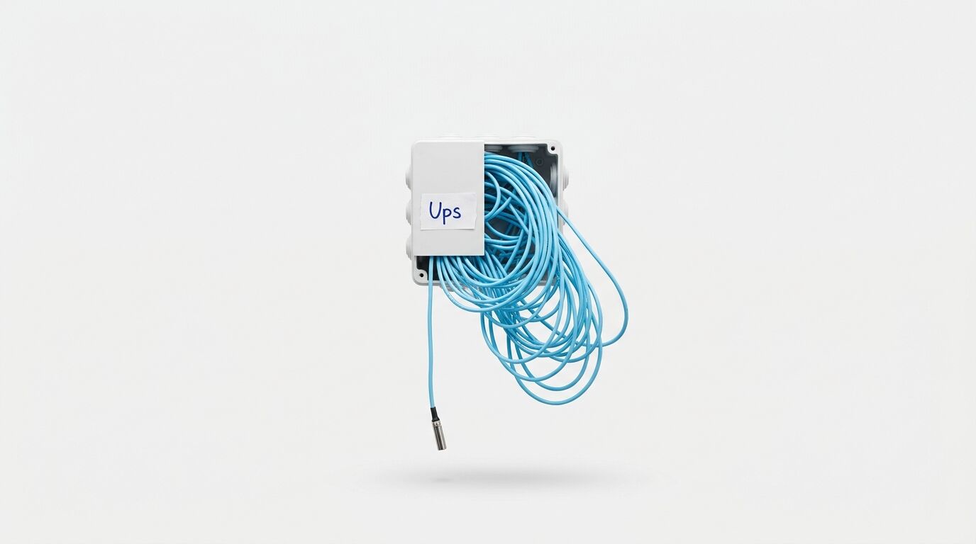 Wandmontagebox mit aufgerolltem blauem Netzwerkkabel und "Ups"-Aufkleber auf hellgrauem Hintergrund