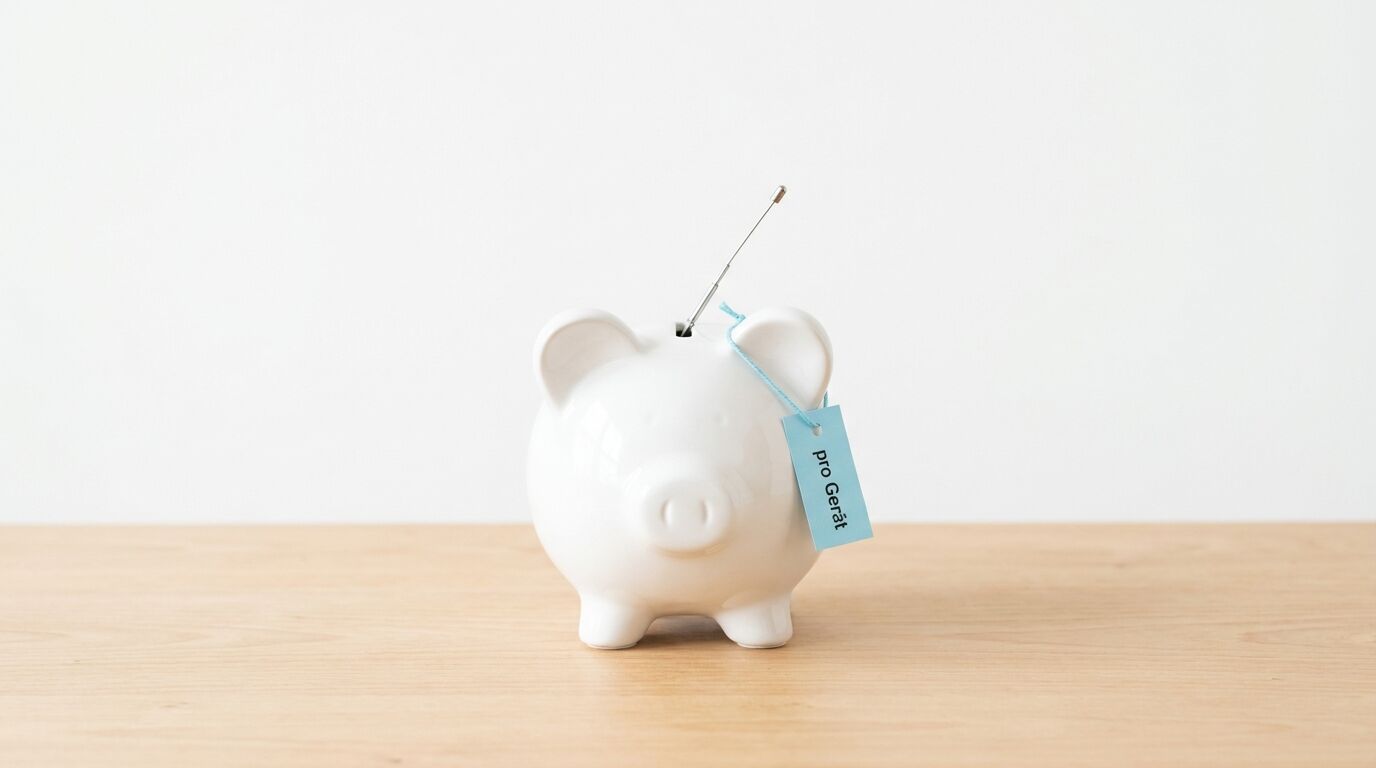 Weißes Sparschwein auf Holztisch mit blauem "pro Gedanke"-Schild und Antenne