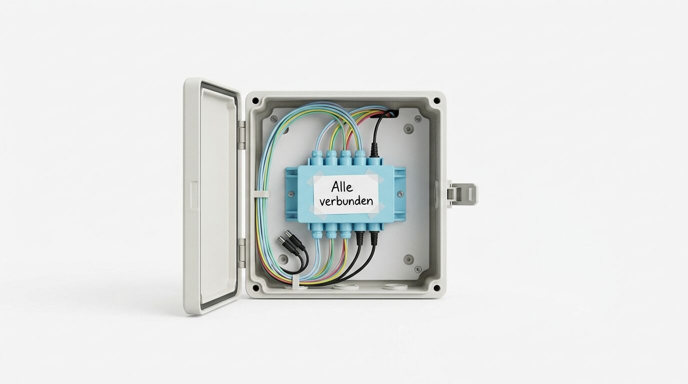 Elektrischer Verteilerkasten mit offener Tür, blauem Anschlussblock, mehrfarbigen Kabeln und Aufkleber "Alle verbunden"