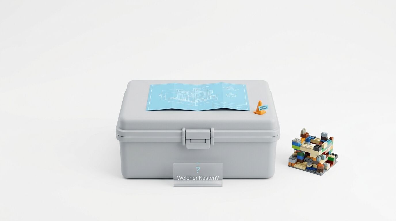 Grauer Kunststoffkasten mit Bauplänen und Bauteilen. Daneben Lego-Steine. Text: "Welcher Kasten?"