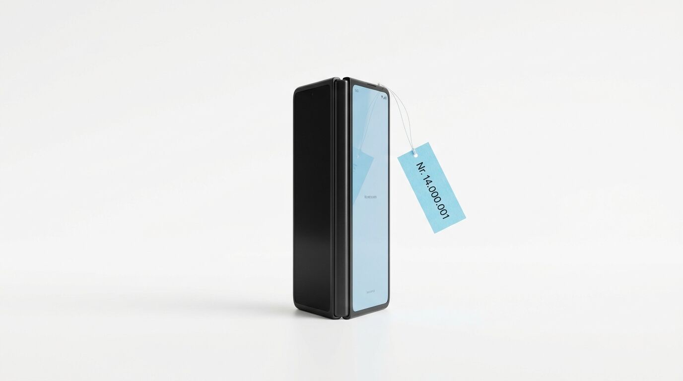 Ein gefaltetes Smartphone vor weißem Hintergrund mit einem blauen Anhänger