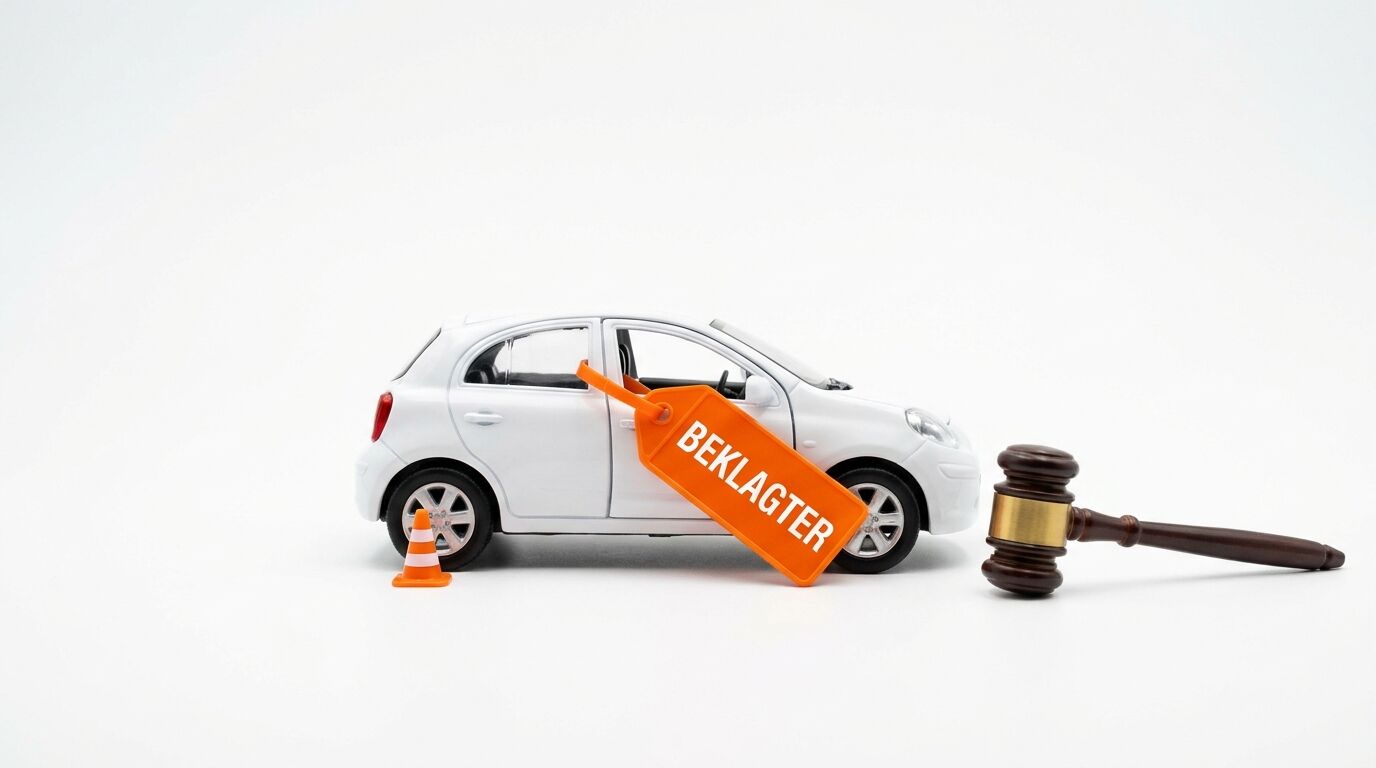 Spielzeugauto mit „BEKLAGTER“-Schild, Kegel und Richterhammer auf weißem Grund
