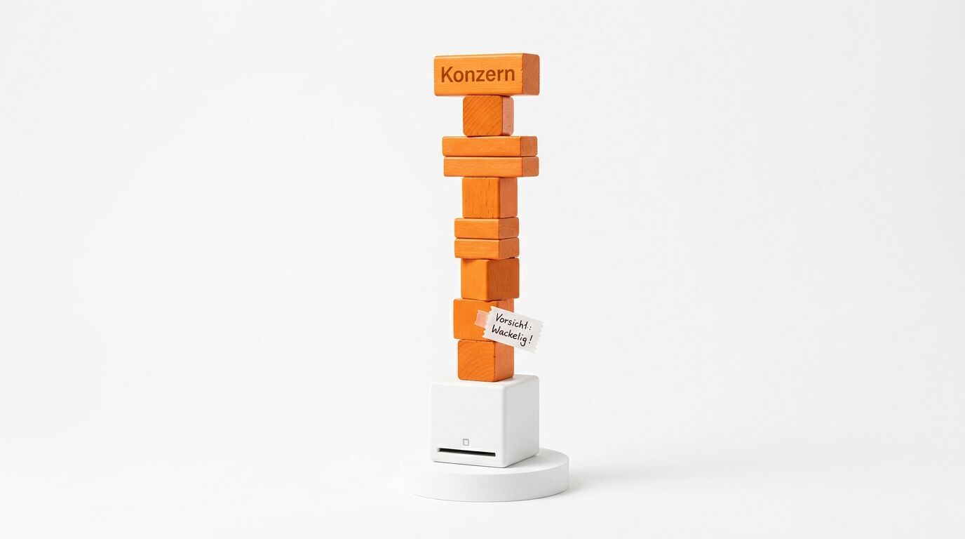 Wackeliger Turm aus orangen Holzklötzen mit Aufschriften „Konzern“ und „Vorsicht: Wackelig“