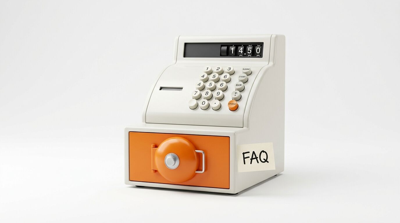 Eine vintage Kasse mit einem orangefarbenen Schließfach, FAQ-Zettel, und der Nummer 14.50 darauf