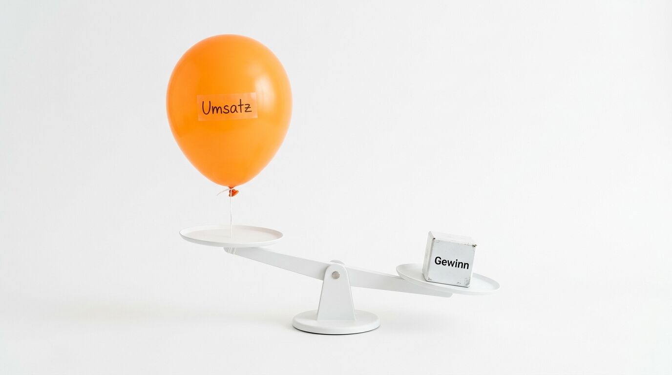 Waage mit leichtem 'Umsatz'-Luftballon und schwererem 'Gewinn'-Würfel