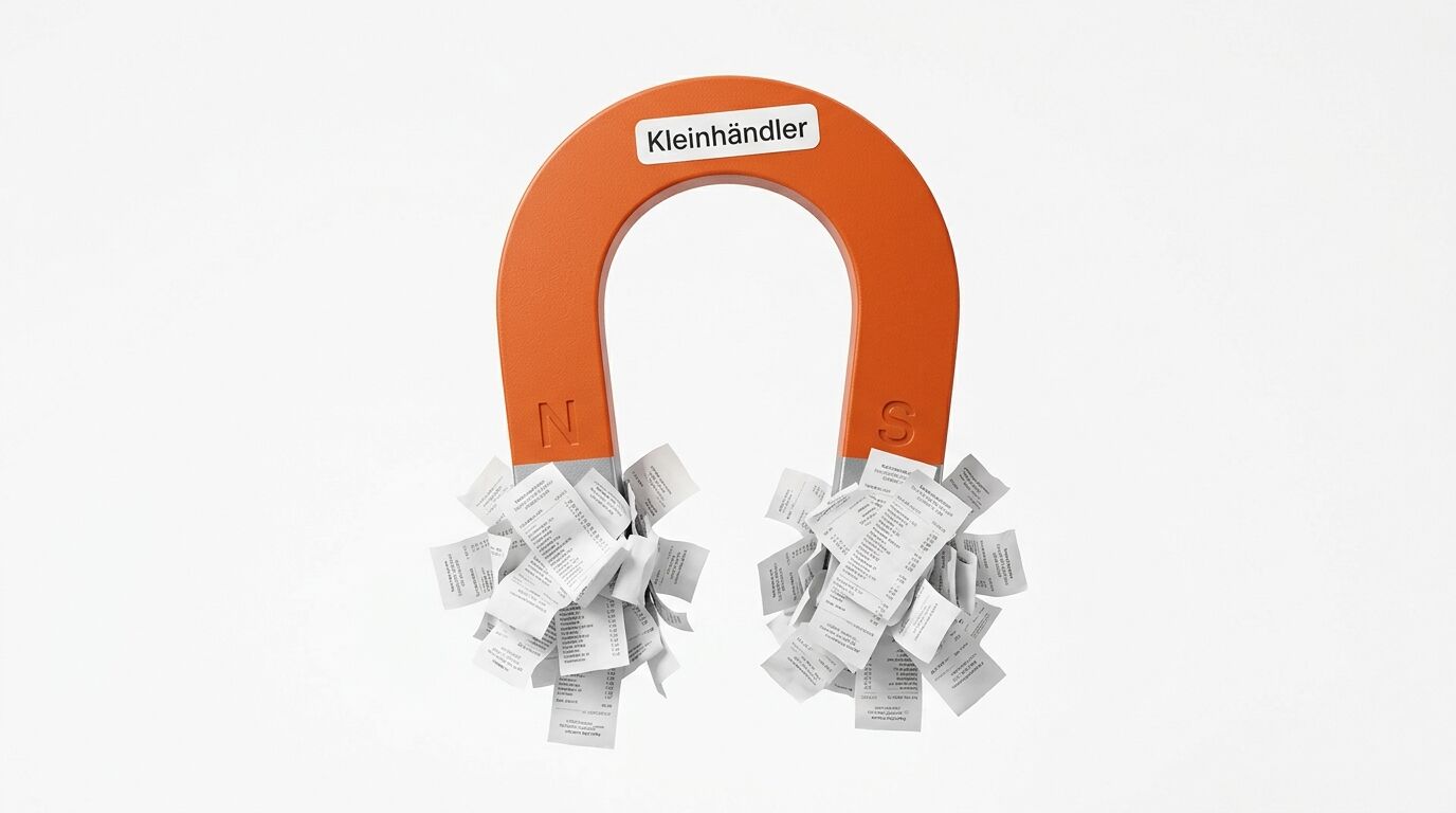 Ein oranger Hufeisenmagnet mit der Aufschrift „Kleinhändler“ und Kassenbons an seinen Enden