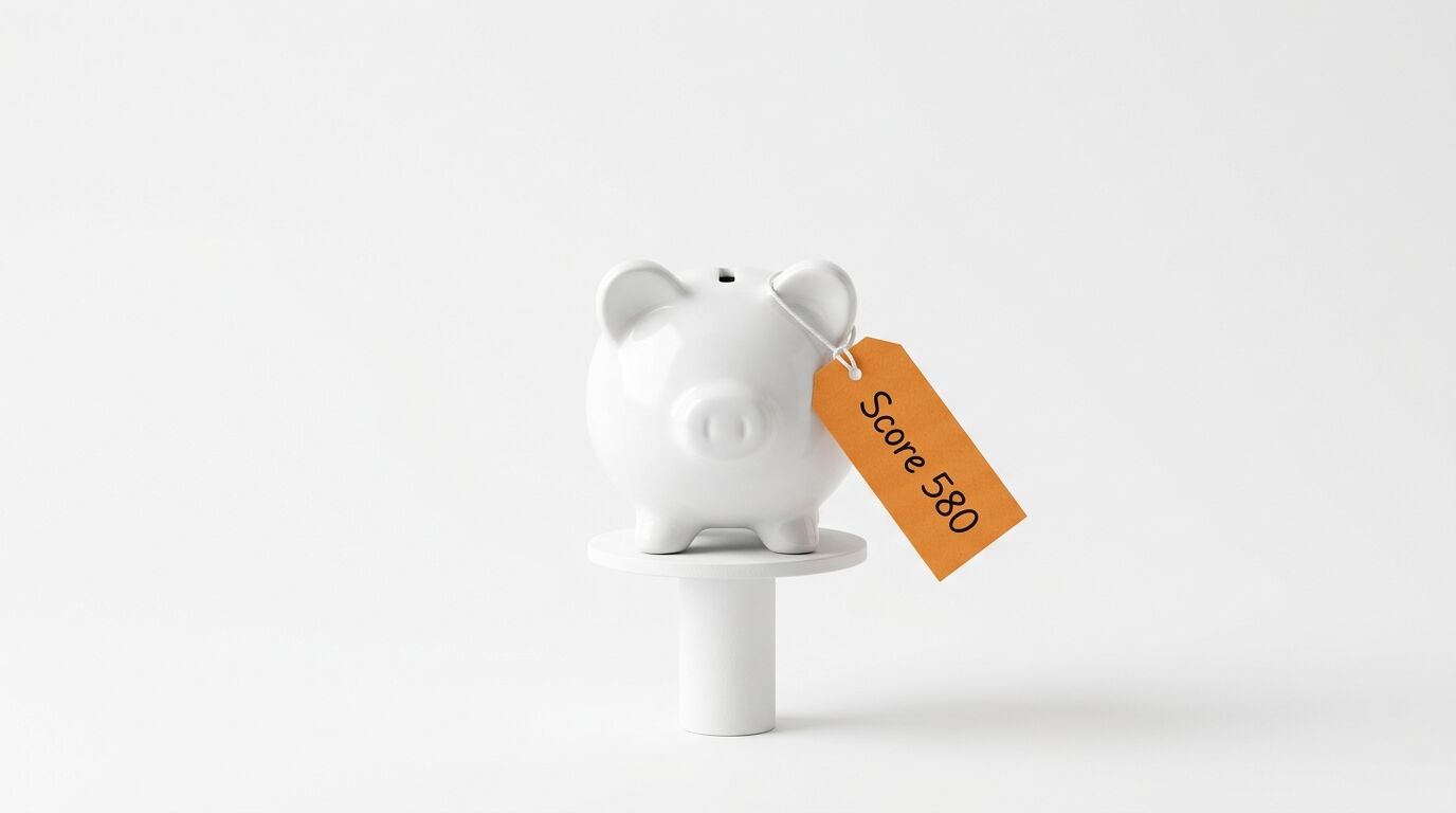 Weißes Sparschwein auf einem Ständer mit einem Anhänger, auf dem „Score 580“ steht