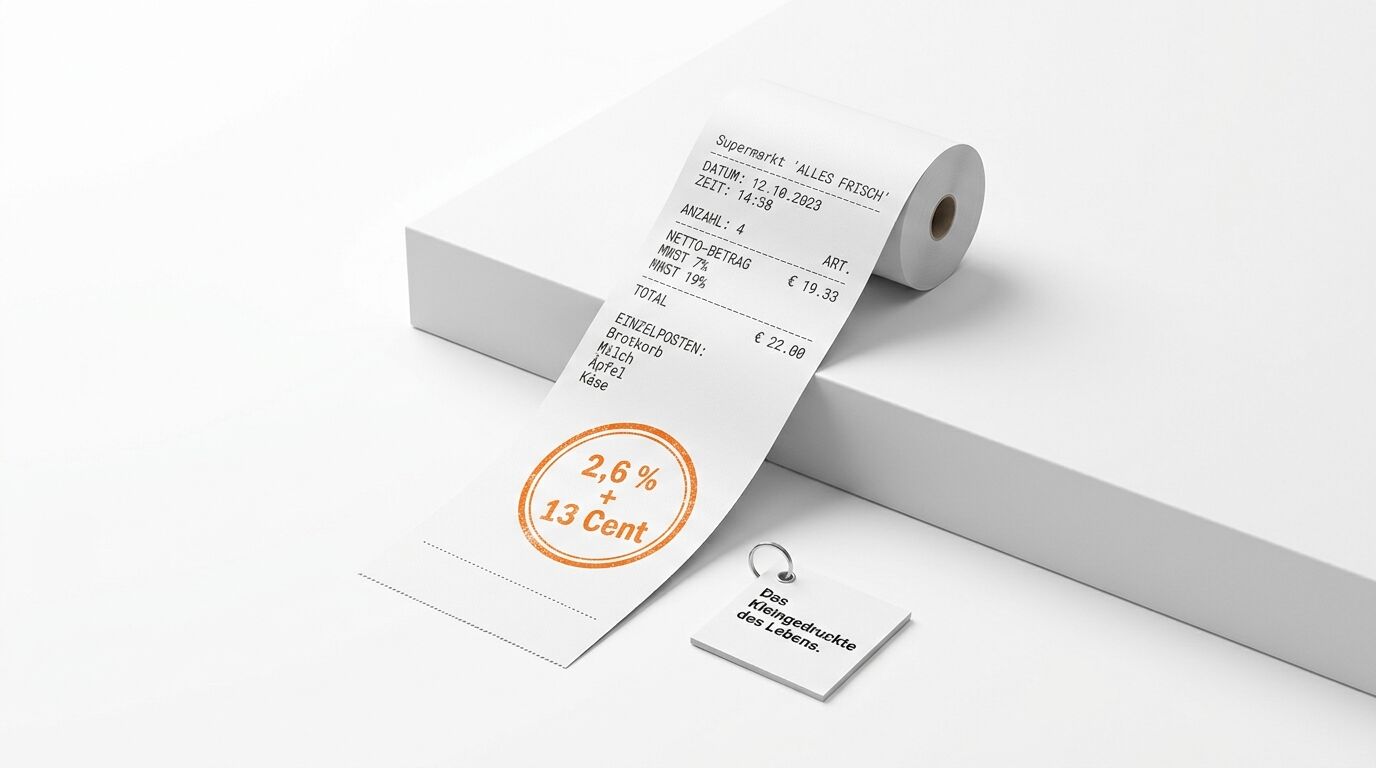 Bonnerolle mit Stempelaufdruck „2,6% + 13 Cent“ und Anhänger „Das Kleingedruckte des Lebens“