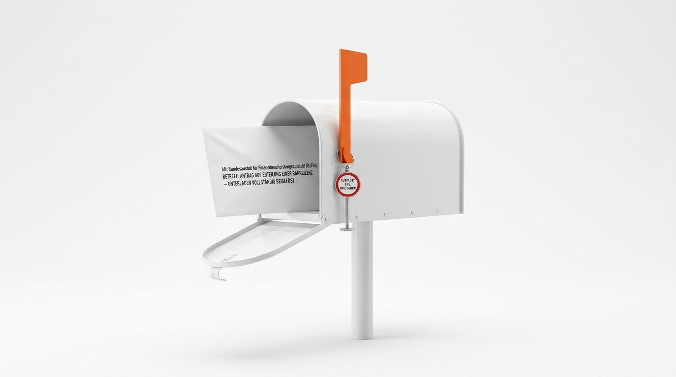 Offener weißer Briefkasten mit Brief an die BaFin und hochgeklappter oranger Flagge
