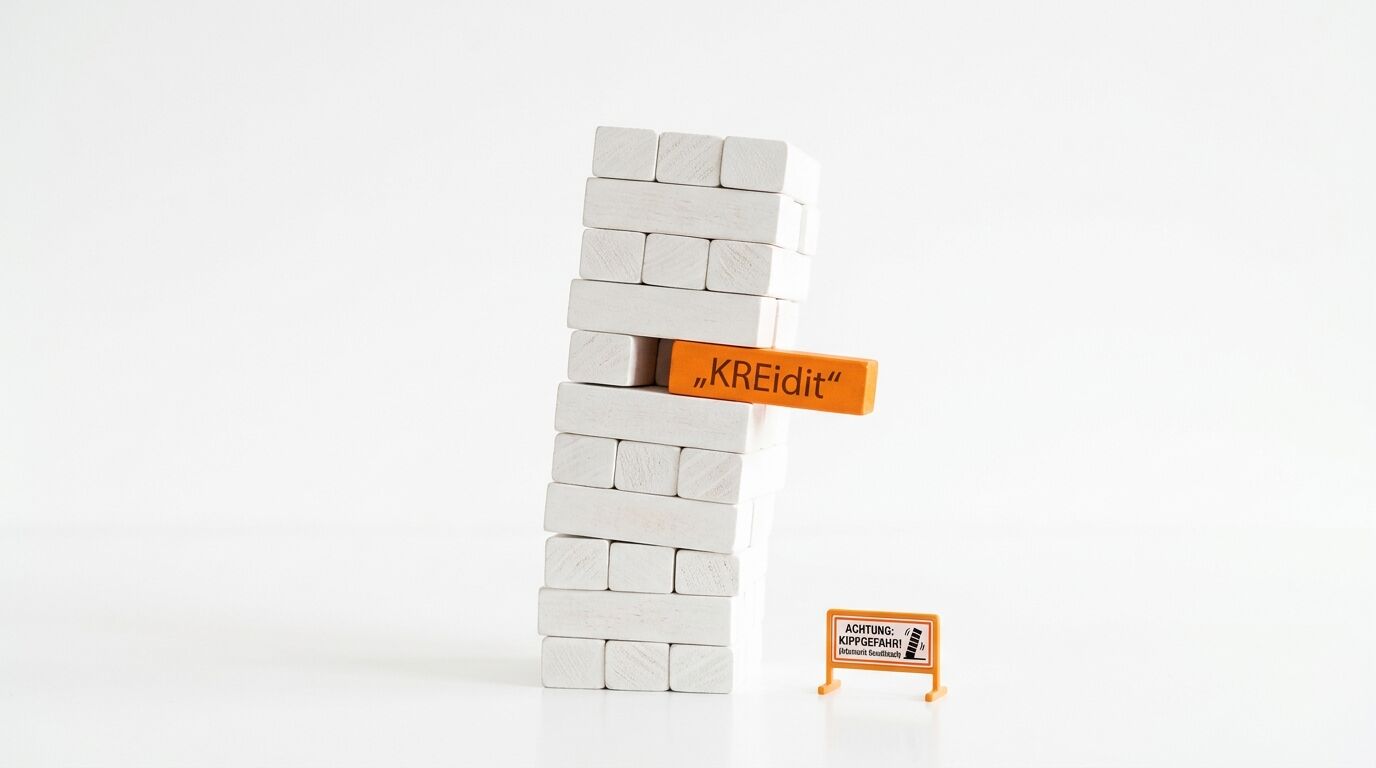 Turm aus weißen Holzklötzen mit orangem „KREidit“-Stein und kleinem Warnschild