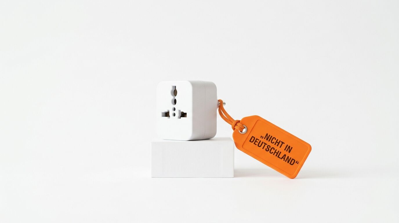 Weißer Reiseadapter mit orangem Anhänger „NICHT IN DEUTSCHLAND“ auf weißem Sockel vor weiß