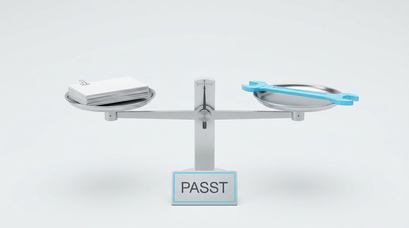Eine Waage mit Dokumenten links und blauem Tablett rechts, gekennzeichnet mit "PASST"