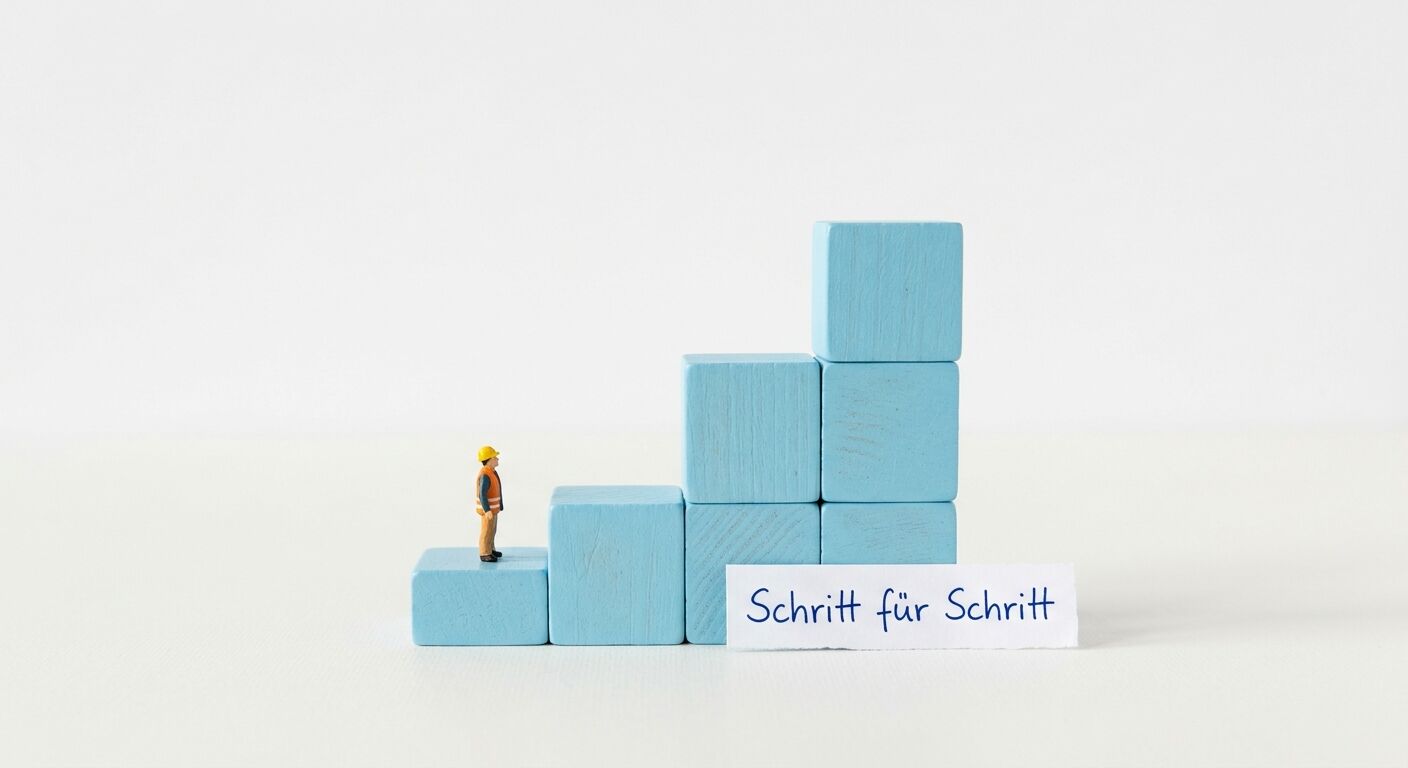 Miniatur-Arbeiter auf aufgestapelten blauen Holzblöcken mit Schriftzug "Schritt für Schritt"