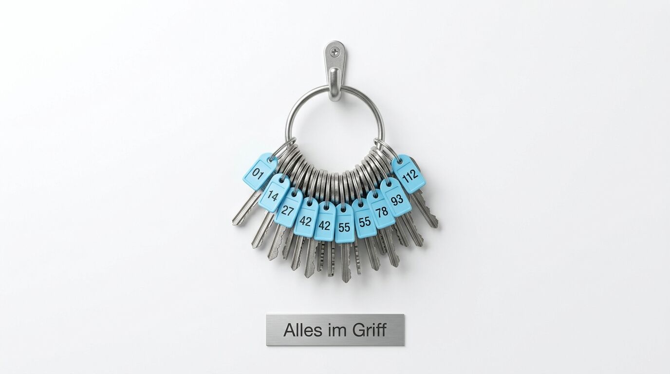 Ein Schlüsselbund mit nummerierten blauen Etiketten an silbernen Schlüsseln auf weißem Hintergrund