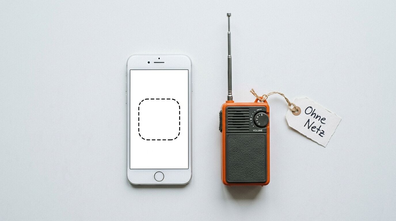 Smartphone, Radio mit „Ohne Netz“-Schild, weißer Hintergrund