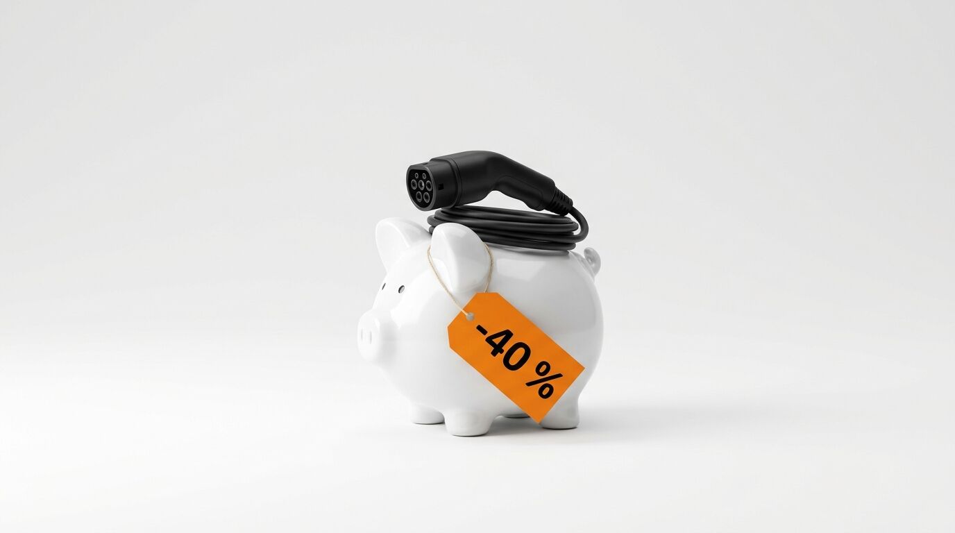 Sparschwein mit E-Auto-Ladekabel und -40% Rabattschild auf weißem Grund