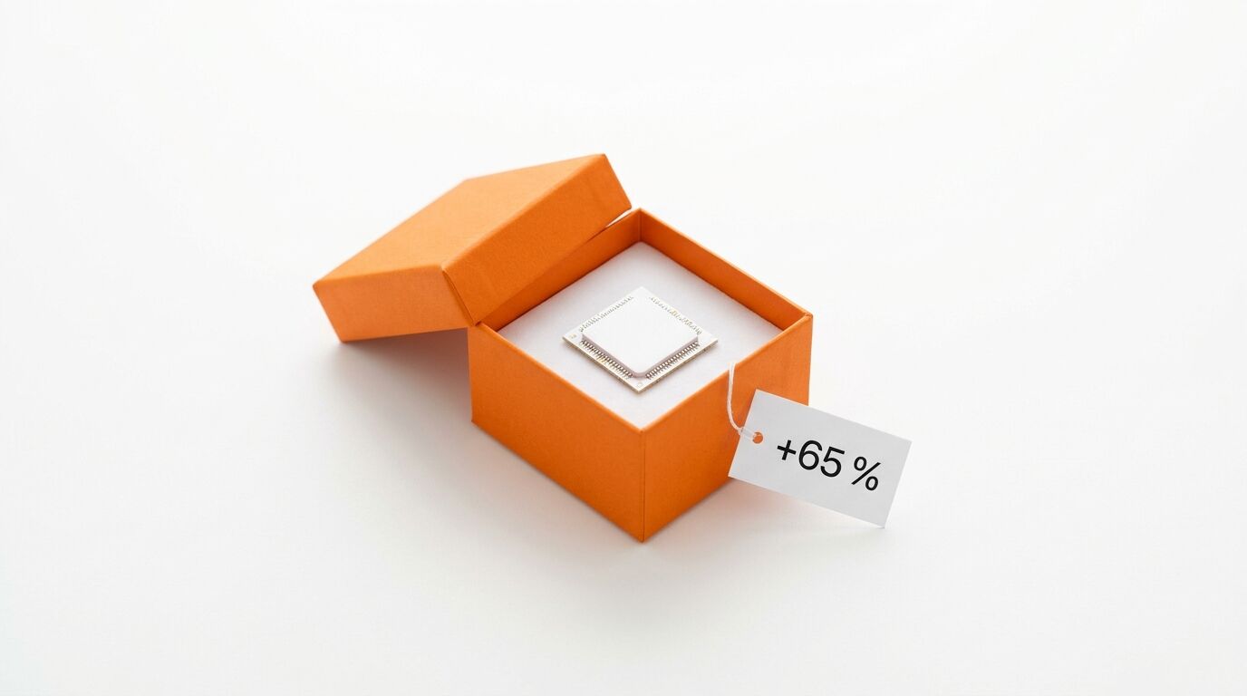 Orangene Box mit CPU und einem Preisschild mit der Aufschrift „+65 %“