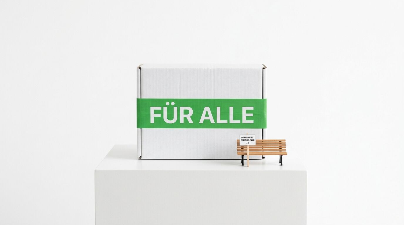 Karton mit Aufdruck „FÜR ALLE“ und Miniaturbank auf weißem Sockel